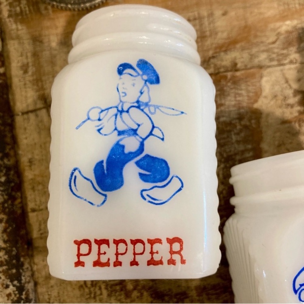 1940s Vintage Milk Glass Salt, Pepper, & Sugar Shakers Dutch Boy Girl Spice Jars - Picture 9 of 13